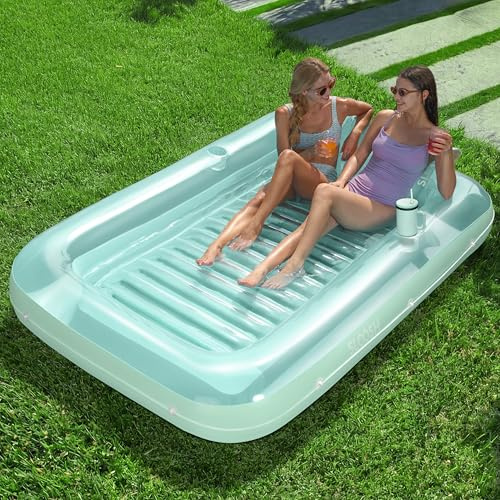 SLOOSH Aufblasbare Tanning Pool, 85 x 57 Extra große aufblasbarer Luftmatratze für Erwachsene mit Kissen, 4-in-1-Sonnenliege, aufblasbares Badebett,Partygeschenk, XL-Cyan