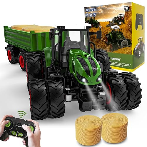 PENGBU RC Ferngesteuerter Traktor Ferngesteuert, Traktor Spielzeug ab 3 4 6 Jahre, Trecker Ferngesteuert mit Fernbedienung，Anhänger und Licht ab 3 4 6 Jahre, Weihnachten Geschenk für Kinder Jungen