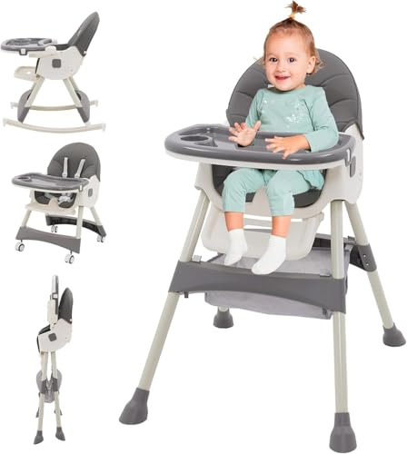 3in1 Hochstuhl Baby mit liegefunktion Hochstuhl, Höhenverstellbar Verstellbare Rückenlehne Klappbar，Kinderhochstuhl mit Tablett und Rollen,Mitwachsend ab 6 Monaten Babystuhl,Grau