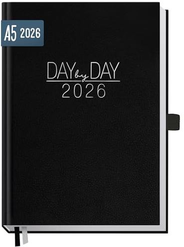 Häfft® Organizer Day by Day Buchkalender 2026 A5 1 Tag 1 Seite - Tagesplaner Kalender, Tageskalender, Terminkalender, Terminplaner 2026 Schwarz
