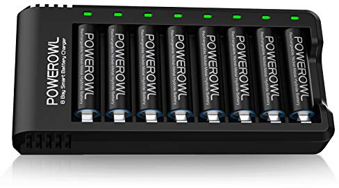 POWEROWL Akku Ladegerät mit AA Akku 2800mah 8 Stück, AA Akkuladegerät 8 Steckplatz Universal Batterieladegerät für NI-MH AA AAA Wiederaufladbare Batterien