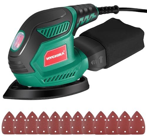 HYCHIKA Multischleifer, Deltaschleifer 200W, mit 12 Schleifblätter (Körnung 80/120/240), 14000 U/min, Klettfix-System, Staubsaugbeutel, Schleifmaschine für Ecke & Kante, Metal & Holz