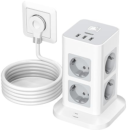 TESSAN 8 Fach Flachstecker Mehrfachsteckdose, Verlängerungskabel 2M, Grau | Verlängerungskabel Flachstecker, Steckdosenleiste Überspannungsschutz, 3 USB Mehrfachstecker 3600W, Steckerleiste für Zuhause