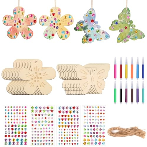 Moosono 88 Stück Holz Bastelset Kinder, Dinos zum Bemalen mit Stiften & Stickern (Schmetterling)