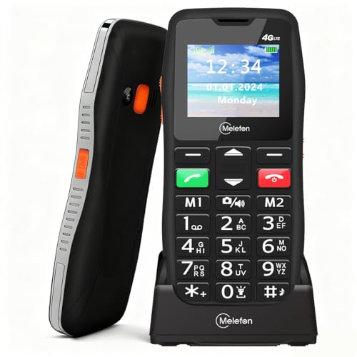 Melefon 4G-Seniorenhandy ohne Vertrag – kompaktes Handy mit großen Tasten, SOS-Taste, 1,77-Zoll-Farbdisplay | USB-C-Ladestation, UKW-Radio, Tastensperre | Einfache Bedienung