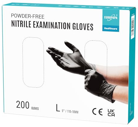 EUROPAPA® 200x Einweghandschuhe Nitrilhandschuhe puderfrei Untersuchungshandschuhe EN455 EN374 latexfrei Einmalhandschuhe Handschuhe in Gr. S, M, L & XL verfügbar (L, Schwarz)