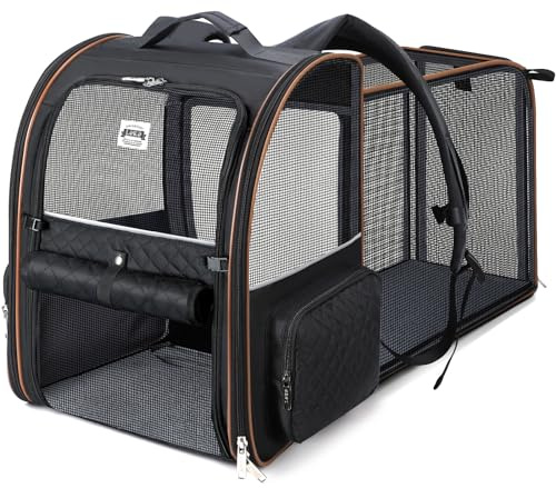 Lekespring Erweiterbarer Katzenrucksack für Katzen und Hunde bis 12 kg | Faltbarer Haustier-Rucksack mit 4 Mesh-Fenstern, 4 Eingängen, Sicherheitsleine, weicher Matte und 2 Seitentaschen für Reisen