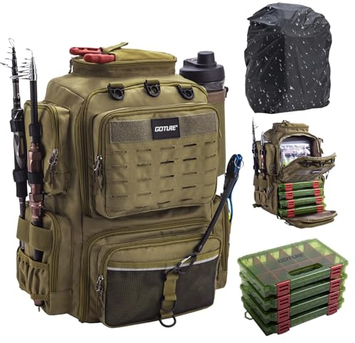 Goture Angelrucksack 45L mit 4 Köderboxen, 2 Rutenhaltern, Regenschutz | Wasserabweisend, verstellbares Fach, 8 Ködertaschen, ideal für Angelausflüge, Angelzubehör für Angler