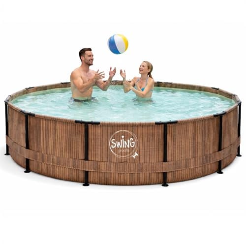HAF - Swing Frame Pool rund Holz-Optik (Ø 366 cm, 91 cm tief) - Gartenpool mit 8.300 Liter - UV-geschützt & korrosionsbeständig - Stabiler Metallrahmen - Schnellaufbau ohne Werkzeug - inkl. Skimmer