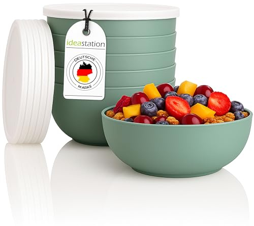 idea-station Müslischalen mit Deckel 6 Stück - 14 cm / 500 ml - grün-grau matt - bruchfeste Plastikschüsseln mit Deckel - Schalen und Schüssel Set für Camping