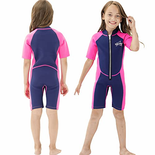 NATYFLY Kids Shorty Neoprenanzug 2.5mm Kinder Neopren Thermal Badeanzug UV-Schutz Badeanzüge für Mädchen Jungen One Piece WetSuits (Rosa, 4 Jahre)