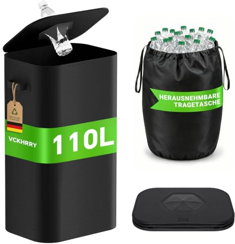 VCKHRRY 110L Pfandflaschen Sammelbehälter mit Deckel, Leergut Aufbewahrung | Wiederverwendbarer PET-Flaschen-Organizer mit Tasche, robust, platzsparend, für Küche und Speisekammer