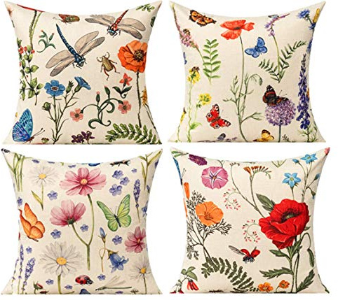 All Smiles Kissenbezug 45x45 Outdoor Kissen Draußen Kissenhülle Sofakissen Zierkissenbezüge für Sofa Schlafzimmer Couch Kissenbezüge, Garten Blumen Schmetterling Libelle 4er Set