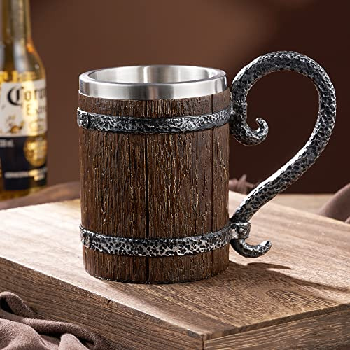 Arola Handgefertigter Holzfass-Bierkrug, Edelstahl-Vintage-Bierkrug, mittelalterlicher Trinkbecher für Kaffee/Getränke/Saft 500ml Geschenk für Männer.