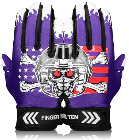FINGER TEN American Football Receiver Handschuhe für Youth Jungen Mädchen, Torwarthandschuhe rutschfest Impact Palm Protection Outdoor Sport, Wasserdicht Gloves Fit Kinder (Lila, L)