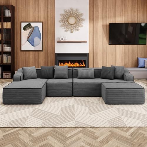 ALPHA HOME Ecksofa mit Schlaffunktion, U-Form Boneless Couch | Modulares Sofa mit 6 Zierkissen für das Wohnzimmer, Montagefrei, Cord, Grau
