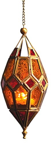 Teelichtlaterne im marokkanischen Stil zum Aufhängen, aus Glas (Mittel, Rot/Gelb)