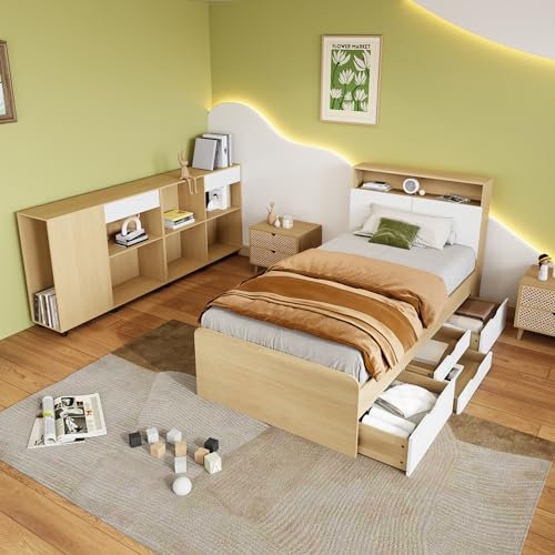 YESGIGA Komplettschlafzimmer Set, Jugendzimmerkombination, Einzelbett + Schränke, Jugendbett, Paneelbett mit 4 Schubladen, 2 Schränke mit Rollen am Boden, 90x200cm (Komplettschlafzimmer Set)