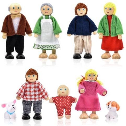 yotutun Hölzerne Puppenhaus Puppen Familie Set mit Katze und Hund, 9 Stück Verstellbare Familienpuppen Figuren Biegepuppen für Puppenhaus Zubehör Geschenk für Puppenhäuseraus