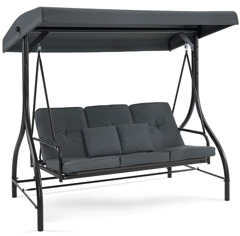 M MCombo Hollywoodschaukel mit Liegefunktion, Gartenschaukel 3 Sitzer wetterfest, Outdoor Schaukelbank mit verstellbarem Dach, 187 * 118 * 175 cm, 4088 (Dunkgelgrau)