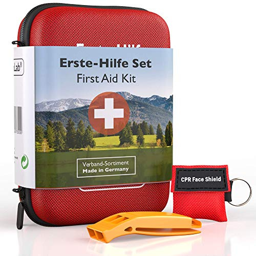 GoLab Erste Hilfe Set Outdoor für Wandern, Reisen und Fahrrad nach DIN 13167 - First Aid Kit mit Signalpfeife und Beatmungsmaske - Made in Germany - Notfall Ausrüstung - Reiseapotheke