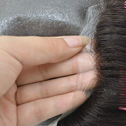 Hairnotion Maenner Haarteil Toupet Super dünne Haut Naturschwarz 1b # Echthaar Perücke für Männer