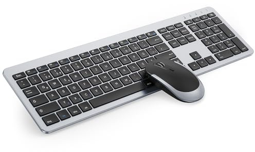 seenda SK38-3 Tastatur Maus Set Kabellos, Ultra-Dünne, Schwarz&Silber | Wiederaufladbare Funktastatur, Ergonomische Keyboard Mouse mit Silikon Staubschutz für PC/Laptop/Smart TV， QWERTZ