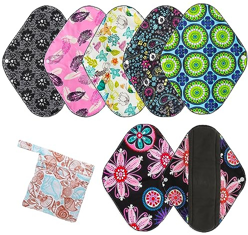 T&J Fashion 6er Set L (30cm) Lang Waschbare Stoffbinden für starke Blutungen, Wiederverwendbare Damenbinden, Extra Saugfähig & Atmungsaktiv mit Nassem Beutel, Aus Bambusfaser & wasserdichtem PUL