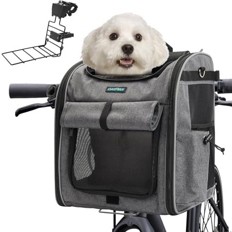 DAISTERN Hundekorb Fahrrad Vorne bis 10KG, Faltbarer Atmungsaktiver Hundefahrradkorb 4 in 1 Rucksack Schultertasche Autositz mit Robuste L-förmige Halterung Φ55mm, Bequemes Kissen, Reflektorstreifen