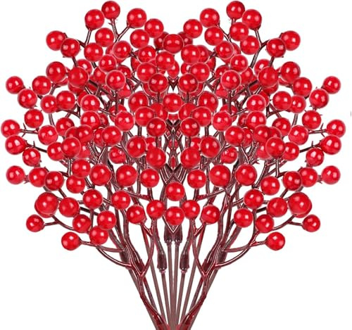 DERAYEE 100 Pcs Weihnachten Stechpalmen Beeren,künstliche rote Beeren für Weihnachten Kranz Dekorationen Kranz Machen Zubehör,Christbaumschmuck deko (20PC 17.5CM)
