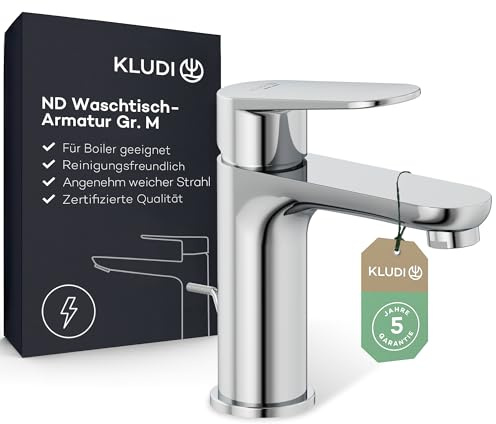 KLUDI-X1 Niederdruck Waschtischarmatur, Auslaufhöhe 95 mm, wassersparender Wasserhahn Bad Größe M, Keramikkartusche, Mischbatterie Waschbecken inkl. 3 Anschlussschläuchen (Boiler Zu-und Rücklauf)