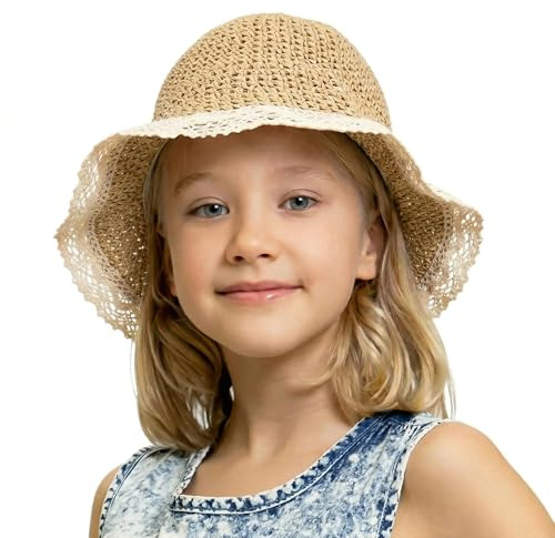 Zidoley Strohhut Kinder Mädchen Sommerhut – Sonnenhut Kinder mit Spitze & Breiter Krempe, Verstellbar mit Bindeband, Faltbarer Strandhut mit Zopfloch
