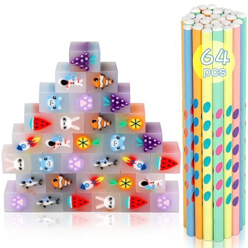 64 Bleistifte mit Radiergummi Kinder Set,32 Lustige Radiergummis + 32 Bleistift Kinder, Mitgebsel Kindergeburtstag,Coole schulsachen Jungen und Mädchen
