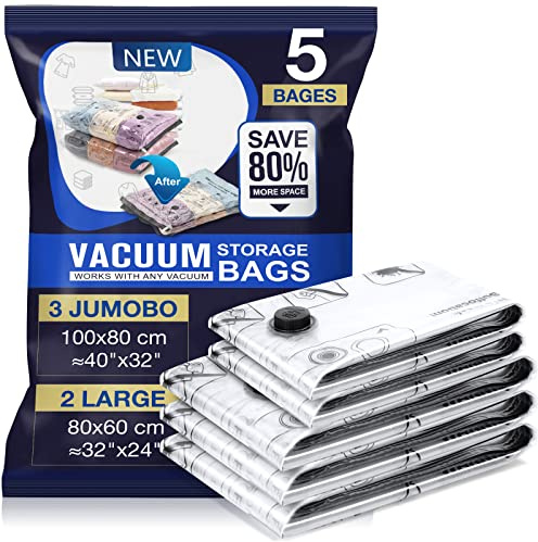 Vakuumbeutel für Bettdecken 5 Stück 3 Jumbo 100x80cm 2 Groß 80x60cm – Vakuumbeutel für Kleidung, Wiederverwendbar als Solche Aufbewahrungstasche, ideal für Reise und Alltag