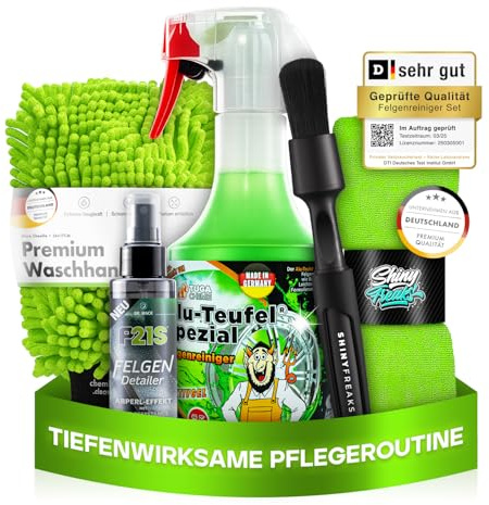 Felgenpflege Set: TUGA Chemie Alu-Teufel Spezial (500ml) Premium Auto Felgenreiniger + Dr. Wack Felgen Detailer + Zubehör - schonende & gründliche Reinigung für Alufelgen & Stahlfelgen | 5-teilig