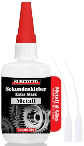 Sekundenkleber Metall extra stark 30g, Surcotto Metallkleber extra stark wasserfest, hitzebeständig, flüssig, transparent, Metall Kleber zum Verkleben von Metallen aller Art