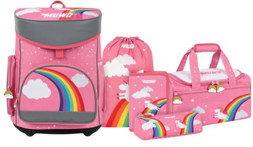 MUWO Kinder Schulranzen Set 5tlg. ergonomischer Leichter Schulrucksack mit Sporttasche, Turnbeutel, Federmappe, nur 920 Gramm (Einhorn Design)