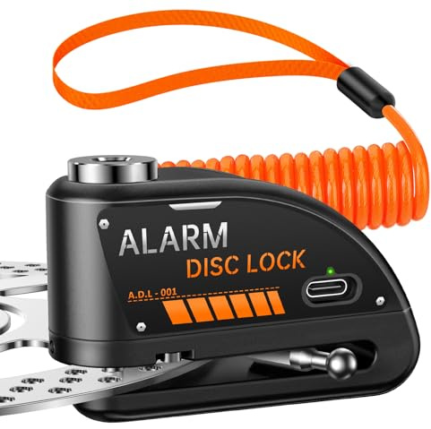 Motorrad Scheibenbremsenschloss Wiederaufladbare Motorradschlösser Anti-Diebstahl mit 120dB Alarm, 7mm Lock Pin Motorrad Bremse Helm Roller Radschloss, wasserdicht 5.9FT Reminder Kabel, Schwarz