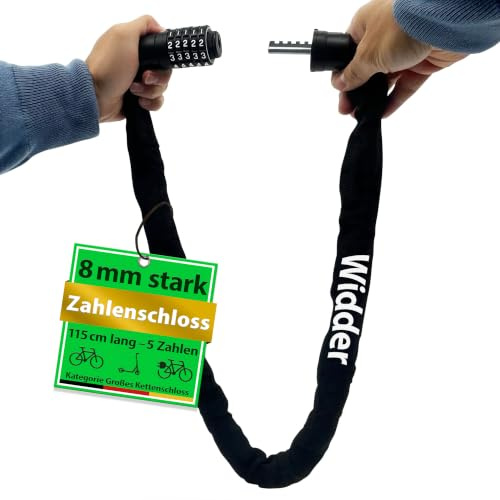 WIDDER 115cm sicheres Kettenschloss mit Zahlen – extra-große Zahlenräder | Zahlencode Fahrradschloss hohe Sicherheit mit gehärteter 8mm Stahlkette – Zahlenschloss e Scooter e-Bike Fahrrad Schloss