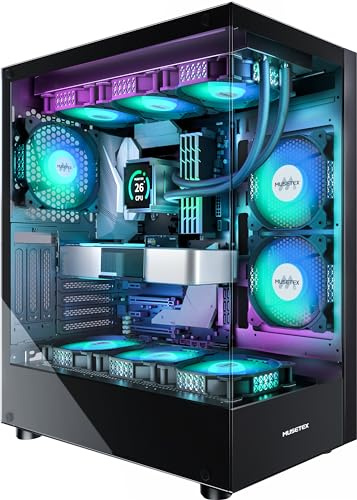 MUSETEX PC-GEHÄUSE ATX Pre-Install 6 PWM ARGB Lüfter, Typ-C Mid-Tower Computergehäuse mit Vollsicht-Doppelglas, Gaming PC-Gehäuse, Schwarz(K2)