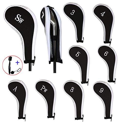 EDATOFLY 10 Stück Schlägerkopfhüllen für Eisen Schlägerhauben Golf Langer Hals mit Anzahl Print und 1 Stück Golf Bürste (Schwarz + Weiß)