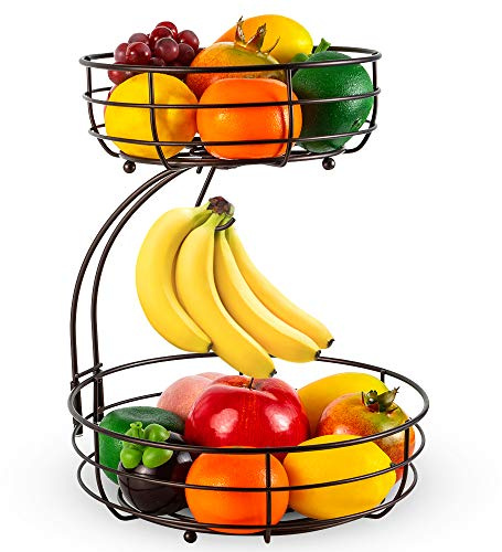 Huahong 2-stöckiger Obstkorb mit Bananenhalter, Obstschale, Gemüsekorb, aus Metall, stehende tägliche Küchenaufbewahrung, Obstkorb, Obstständer, Bronze