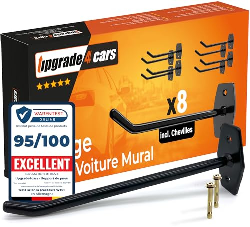 Upgrade4cars Reifen Wandhalterung für 8 Felgen | Reifenhalter Set inkl. Schrauben & Dübel | Autoreifen Halterung für die Wand | Wandhaken Garage gummiert in Schwarz