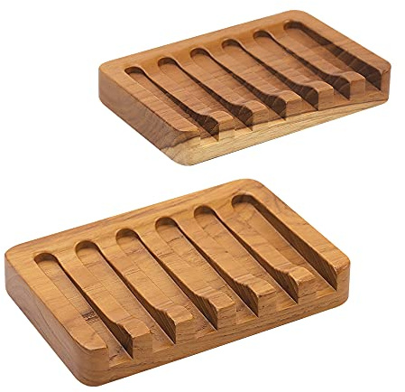 HTB Teak Seifenschale Holz von HTB Wasserfall Design, 2 PCS | Holz Seifenhalter Seifenablage für Bad, Küche, Waschbecken und Theke
