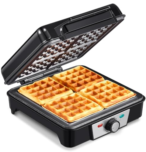 Waffeleisen für 4 Belgische Waffeln,1200W Waffelautomat mit Anti-Überlauf, Bräunungsregler, Antihaft-Platten & Kontrollleuchten