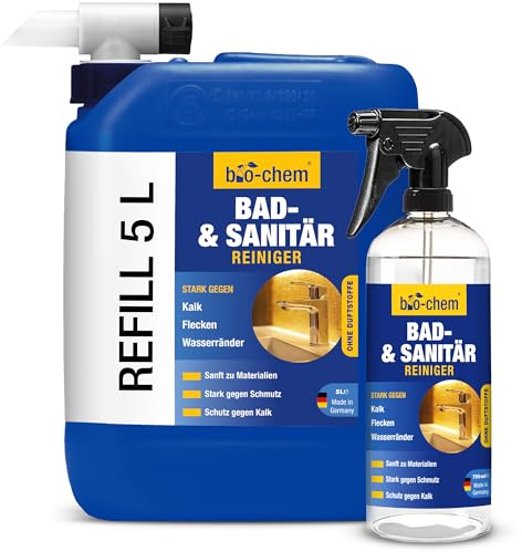 bio-chem Bad- & Sanitärreiniger Set – 750 ml Spray + 5 Liter Kanister – Kalkentferner & Badreiniger für Dusche, WC, Fliesen, Waschbecken & Armaturen