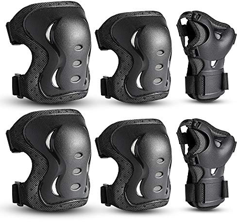 Kinder&Erwachsene Knieschoner Set, Schützerset 6 in 1 mit Knie-Ellbogen-Handgelenkschoner, Schutzausrüstung Verstellbare Handgelenkschoner für Skaten Skateboard Radfahren (CC L)