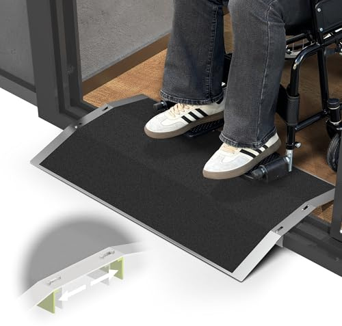 XARILK Türschwellenrampe 70 cm × 4 cm – Aluminium Rollstuhlrampe mit verstellbaren Stützstreben, rutschfest für Türdurchgänge, Haustüren & Schiebetüren, geeignet für 7–13 cm Schwellenbreite.