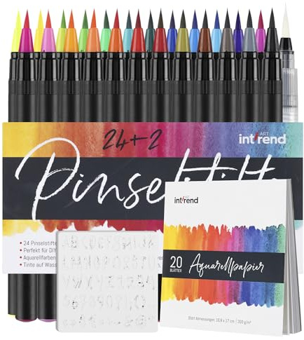 int!rend 24 Aquarellstifte Pinselstifte - Brush Pen Set - 2 Wasserpinselstifte - 20 Blätter Aquarellpapier 5 Schablonen - Aquarellfarben Stifte - Pinselstifte für Erwachsene