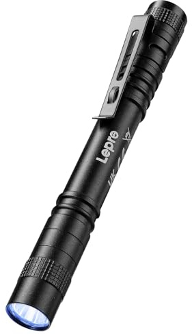 Lepro UV Taschenlampe, 365nm UV Lampe mit Clip, Batteriebetrieben Schwarzlicht Taschenlampe, Vielseitig & Tragbar Bernstein Lampe für Lecksuche, Haustierurin und Falschgeld-Erkennung